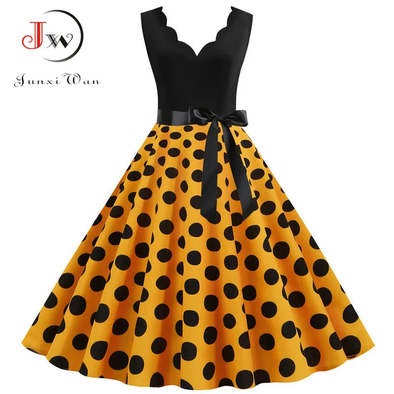 Women Retro 50s 60s Polka Dot Dress – Vintage Sleeveless V-Neck Bow Ball Gown Summer Party Sundress Vestidos