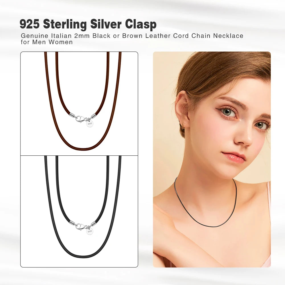 Rinntin Italian 2mm Brown Leather Cord Necklace with 925 Sterling Silver Clasp – Unisex Trendy Jewelry SC62