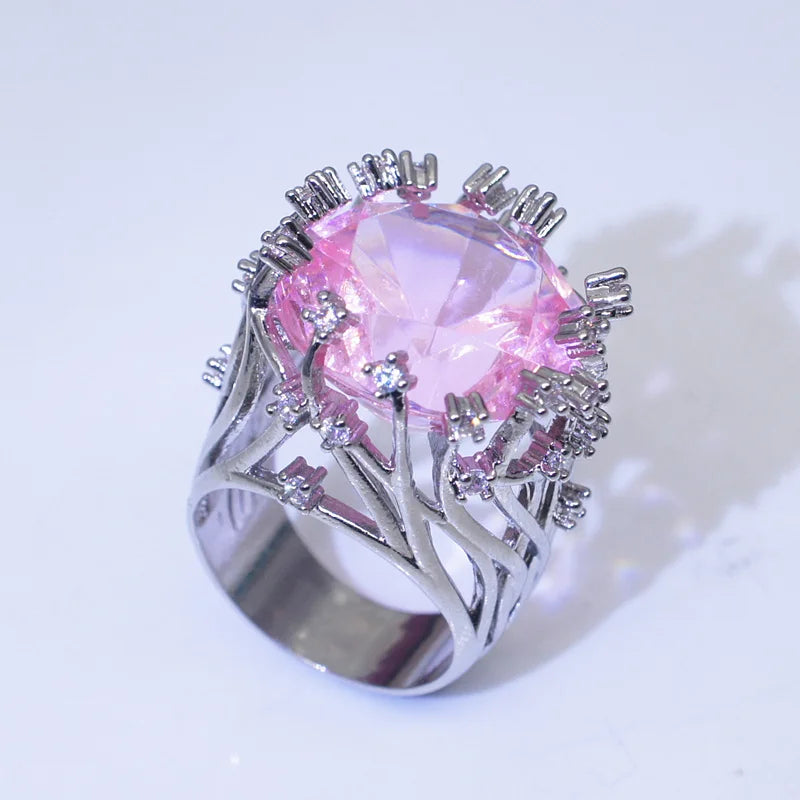 New 925 Sterling Silver Ring with Pink Crystal Zircon | Women’s Wedding Jewelry Gift
