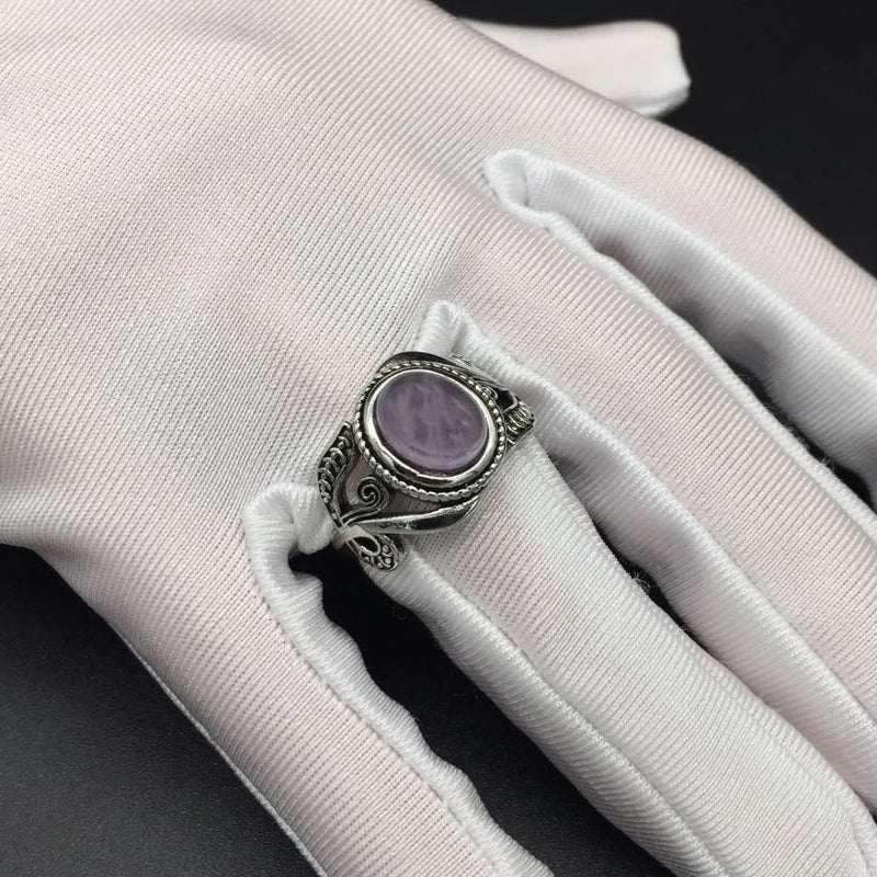 HuiSept Vintage 925 Sterling Silver Amethyst Flower Ring – Elegant Gemstone Jewelry for Women Wedding & Party Gift
