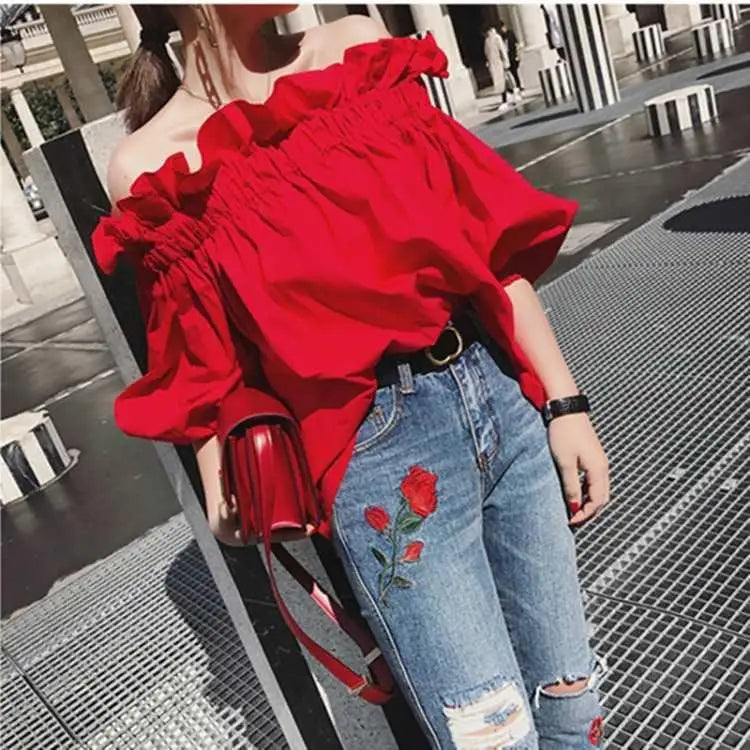 Women’s Korean Ruffles Off-Shoulder Tee – Red Chiffon Puffy Sleeve Oversize Top 👚✨