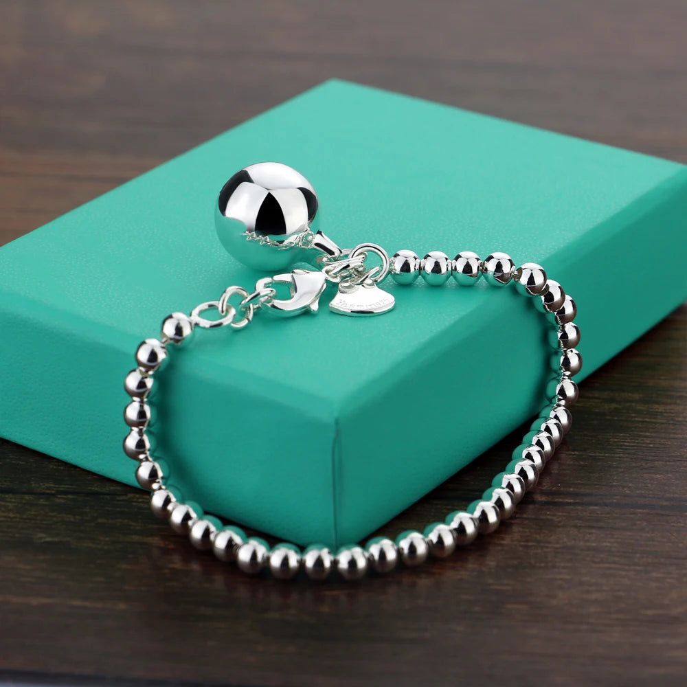 High Quality 925 Sterling Silver Ball Bead Bracelet | Heart Bangle Chain for Women & Girls | Fashion Jewelry 15cm–20cm