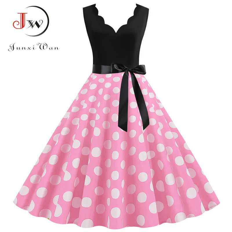 Women Retro 50s 60s Polka Dot Dress – Vintage Sleeveless V-Neck Bow Ball Gown Summer Party Sundress Vestidos