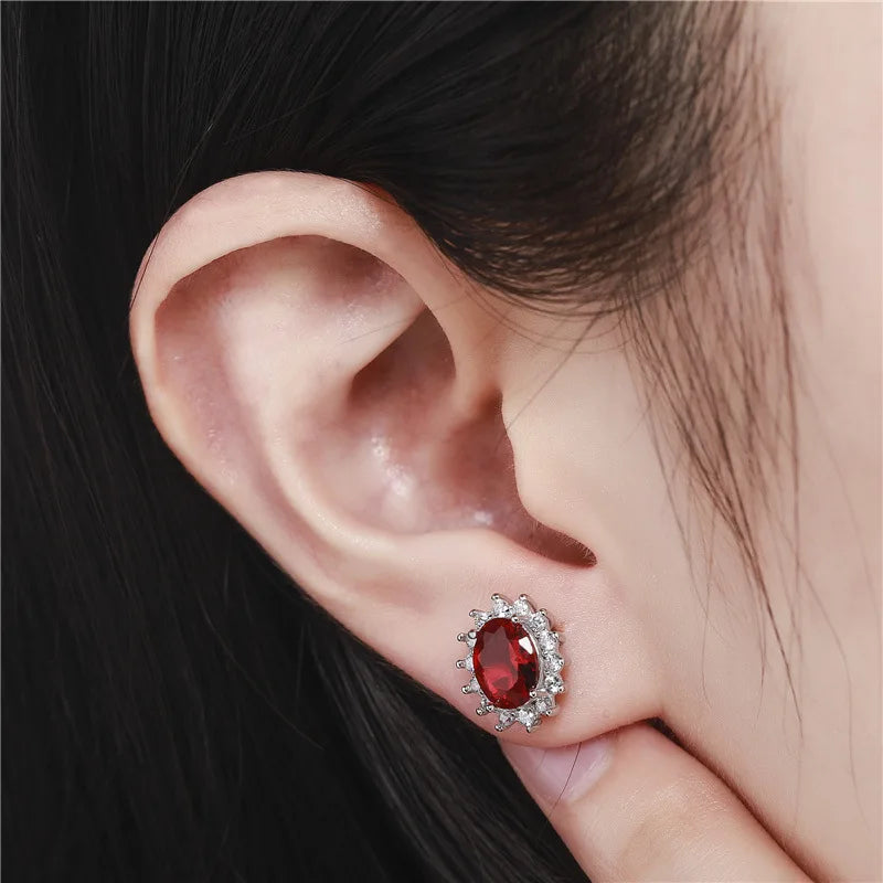 925 Sterling Silver Oval Sapphire Zircon Gemstone Stud Earrings for Women