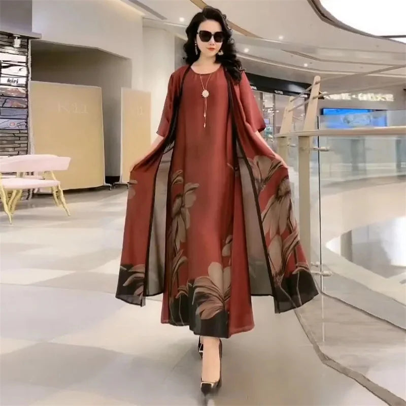 Middle-Aged Women’s Summer Dress Suit – Casual Two-Piece Printed Long Dress Set | Elegant Temperament Outfit