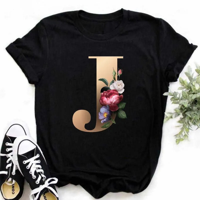 A B C D E English Alphabet T-Shirt | Women’s Harajuku Summer Casual Black Top