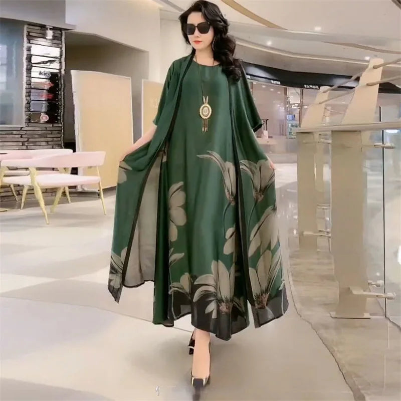 Middle-Aged Women’s Summer Dress Suit – Casual Two-Piece Printed Long Dress Set | Elegant Temperament Outfit