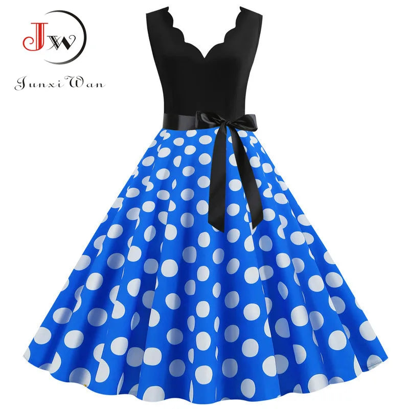 Women Retro 50s 60s Polka Dot Dress – Vintage Sleeveless V-Neck Bow Ball Gown Summer Party Sundress Vestidos