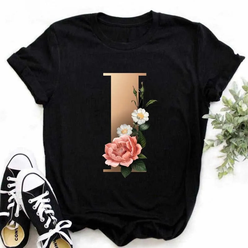 A B C D E English Alphabet T-Shirt | Women’s Harajuku Summer Casual Black Top
