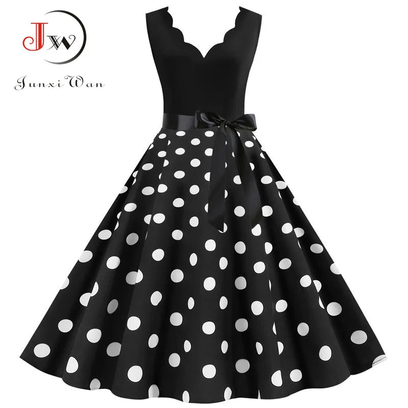 Women Retro 50s 60s Polka Dot Dress – Vintage Sleeveless V-Neck Bow Ball Gown Summer Party Sundress Vestidos