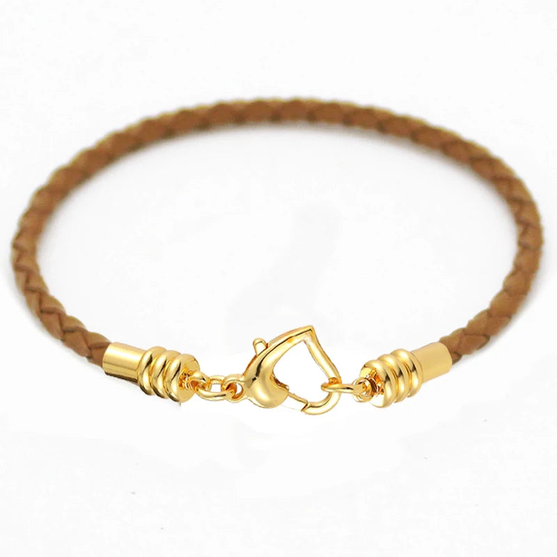 Fashion Women’s Gold-Plated Love Bracelet | Leather Chain with Stainless Steel Clasp, Fits Pandora Beads