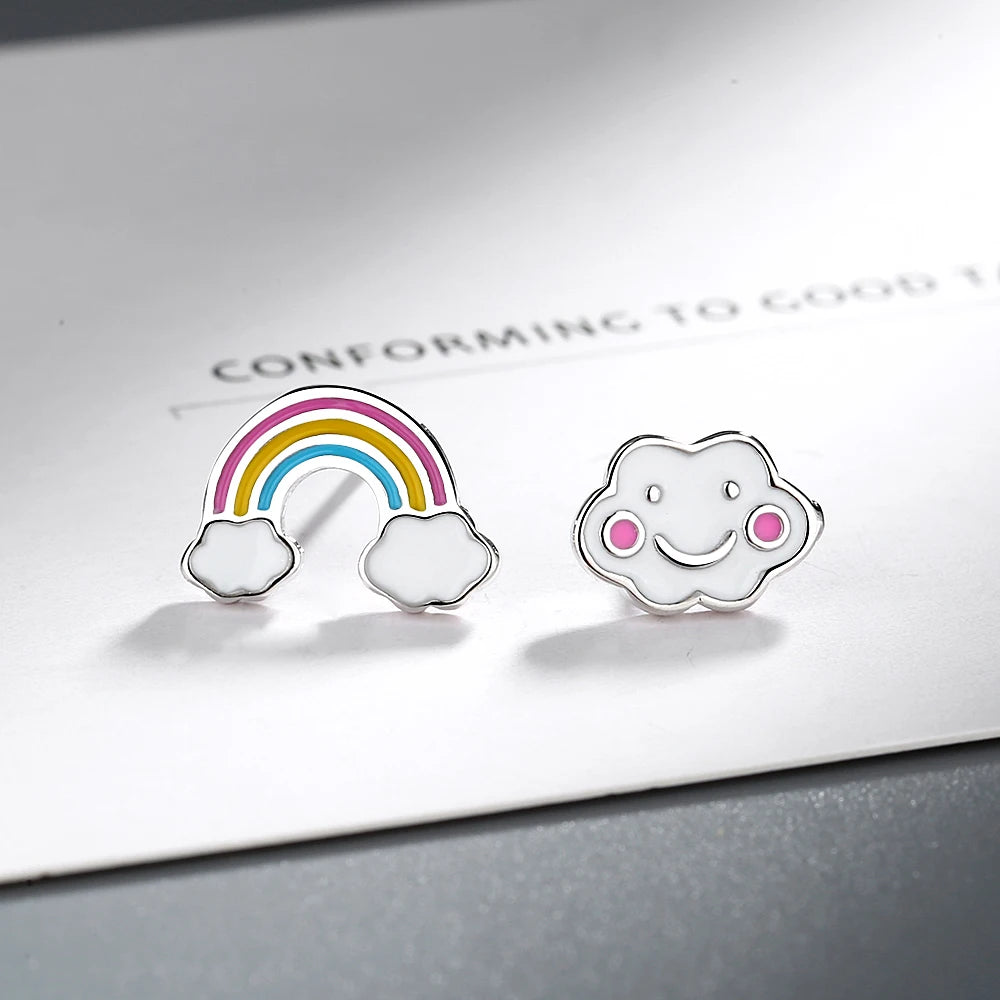 Real Pure 925 Sterling Silver Rainbow Stud Earrings for Women & Girls – Cute Korean Japanese Style