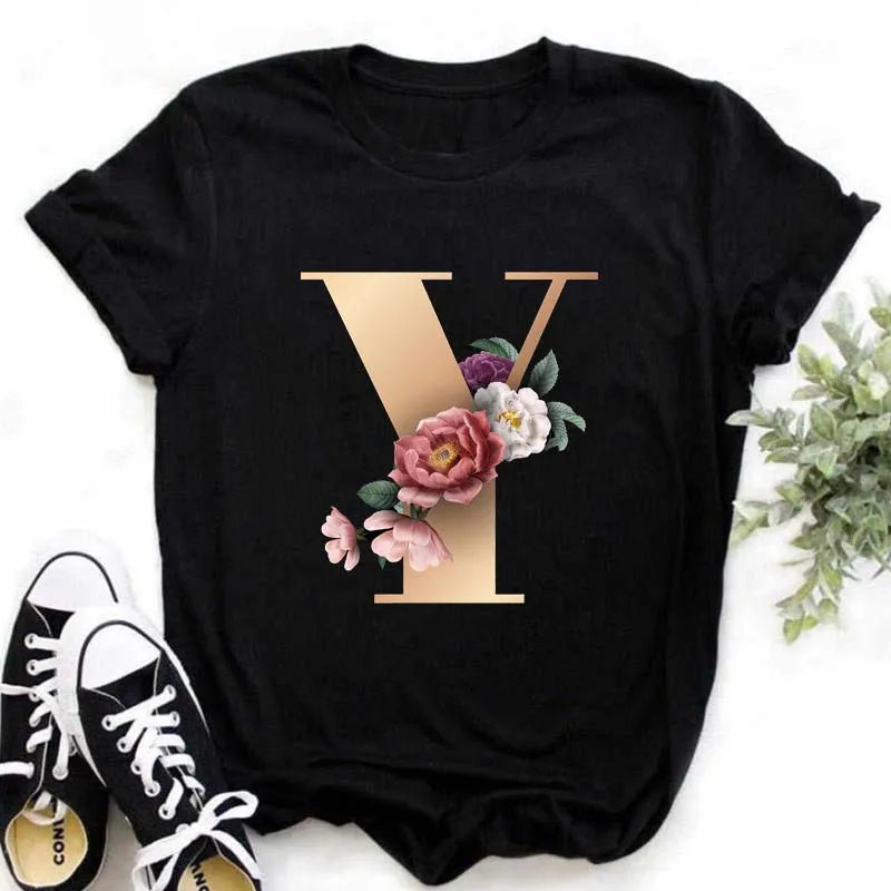 A B C D E English Alphabet T-Shirt | Women’s Harajuku Summer Casual Black Top