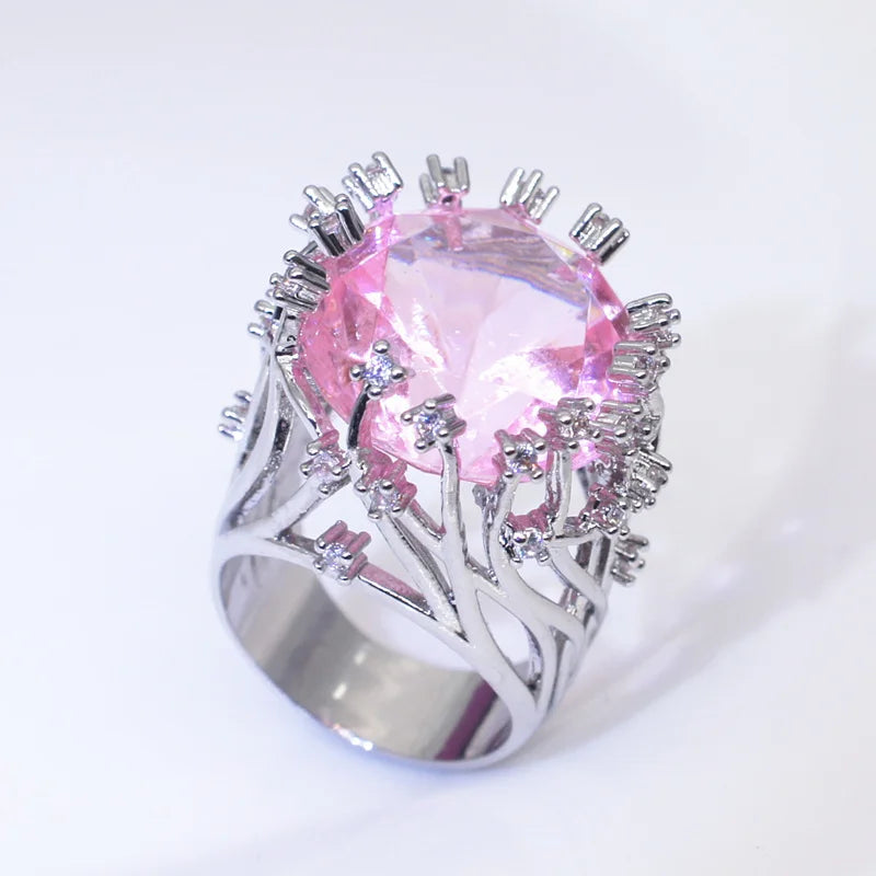 New 925 Sterling Silver Ring with Pink Crystal Zircon | Women’s Wedding Jewelry Gift