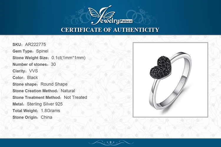 JewelryPalace 925 Sterling Silver Heart Love Ring | Natural Black Spinel Promise Ring for Women | Cute Gemstone Jewelry
