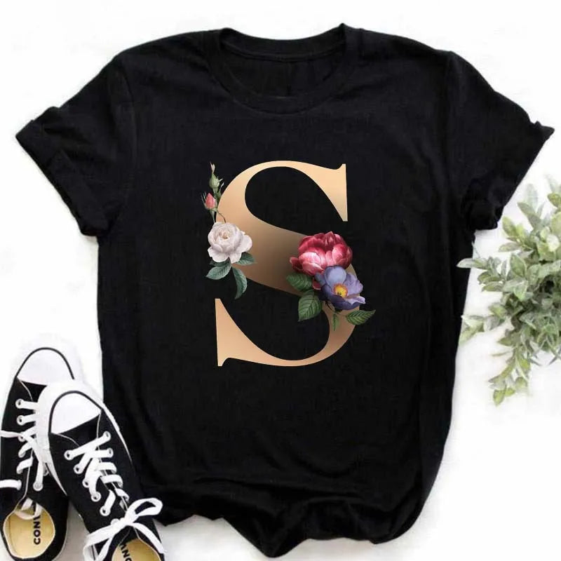 A B C D E English Alphabet T-Shirt | Women’s Harajuku Summer Casual Black Top