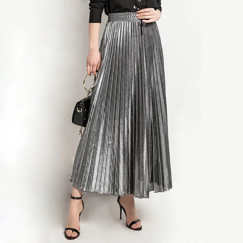 Women’s Check Pleated Maxi Skirt | High Waist Harajuku Long Swing Skirt | Gold Large Size Saias XXL