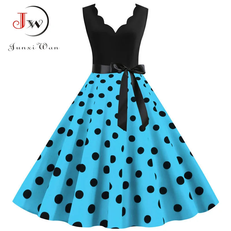 Women Retro 50s 60s Polka Dot Dress – Vintage Sleeveless V-Neck Bow Ball Gown Summer Party Sundress Vestidos