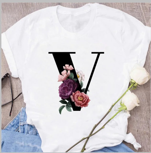 A B C D E English Alphabet T-Shirt | Women’s Harajuku Summer Casual Black Top