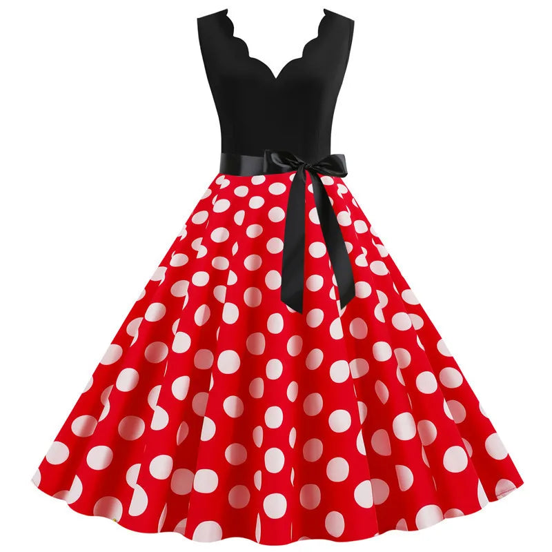 Women Retro 50s 60s Polka Dot Dress – Vintage Sleeveless V-Neck Bow Ball Gown Summer Party Sundress Vestidos
