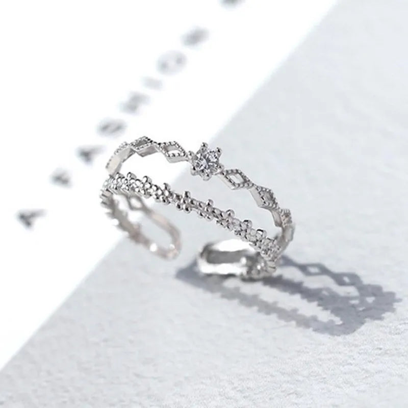 VENTFILLE 925 Sterling Silver Flower Lace Ring – Adjustable CZ Korean Fashion Jewelry