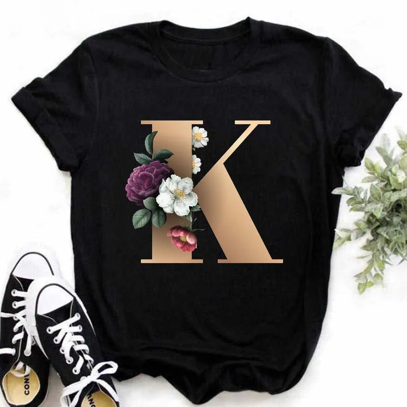 A B C D E English Alphabet T-Shirt | Women’s Harajuku Summer Casual Black Top