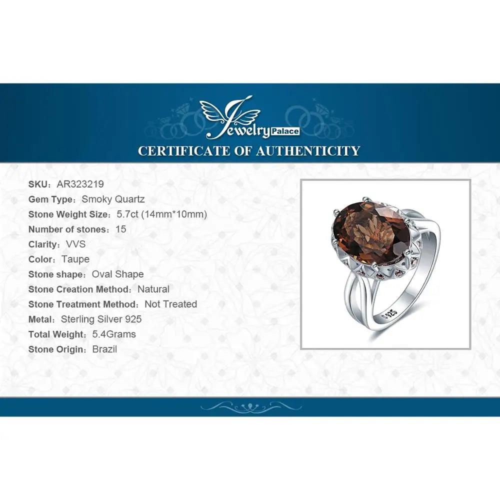 JewelryPalace 5.7ct Oval Smoky Quartz 925 Sterling Silver Statement Ring for Women