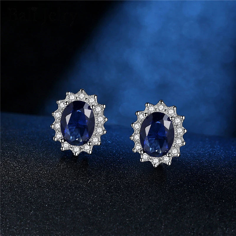 925 Sterling Silver Oval Sapphire Zircon Gemstone Stud Earrings for Women