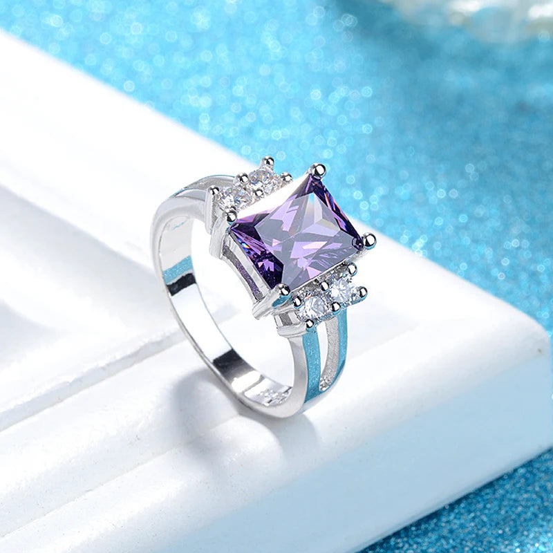 Fashion 925 Sterling Silver Rectangle Amethyst Zircon Gemstone Ring for Women – Wedding Engagement Party Jewelry