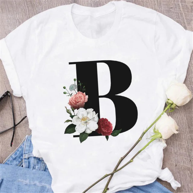 A B C D E English Alphabet T-Shirt | Women’s Harajuku Summer Casual Black Top