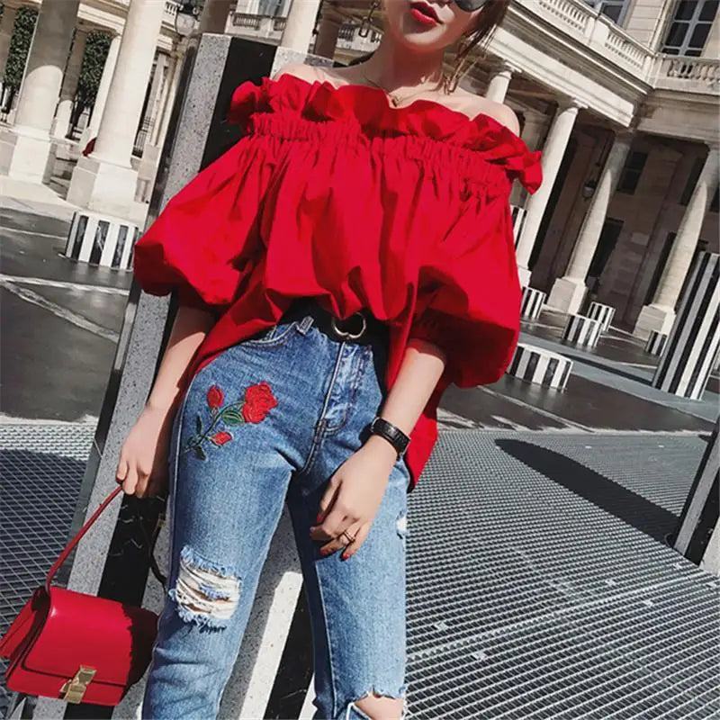 Women’s Korean Ruffles Off-Shoulder Tee – Red Chiffon Puffy Sleeve Oversize Top 👚✨