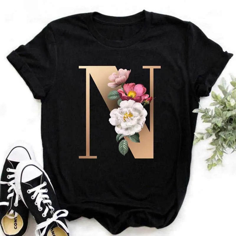 A B C D E English Alphabet T-Shirt | Women’s Harajuku Summer Casual Black Top