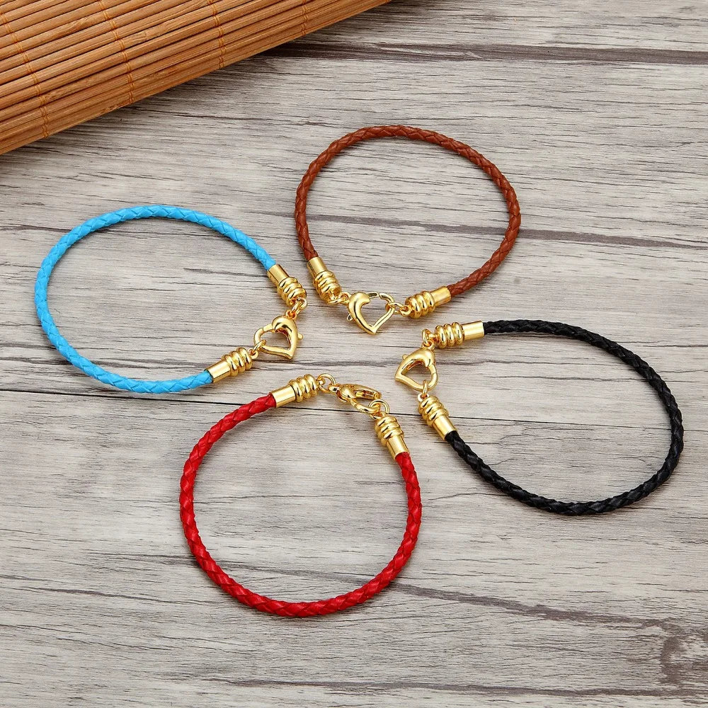 Fashion Women’s Gold-Plated Love Bracelet | Leather Chain with Stainless Steel Clasp, Fits Pandora Beads