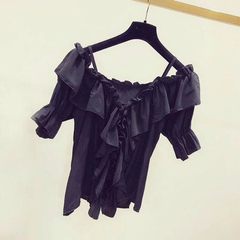 Women’s Ruffle Youth Elegant Chiffon Blouse – Low Cut Summer Fashion Top 👚☀️