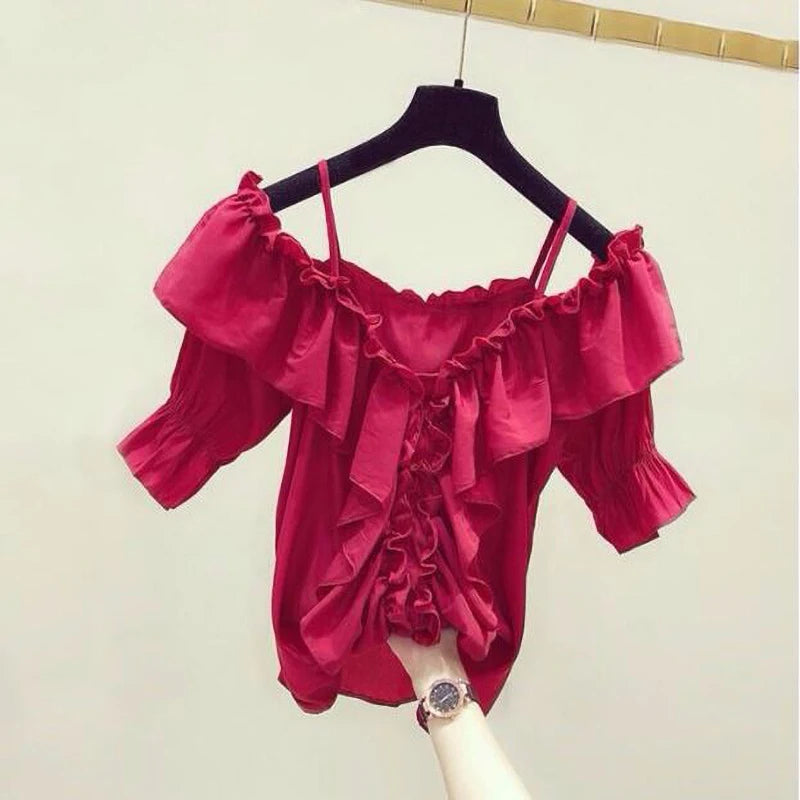 Women’s Ruffle Youth Elegant Chiffon Blouse – Low Cut Summer Fashion Top 👚☀️
