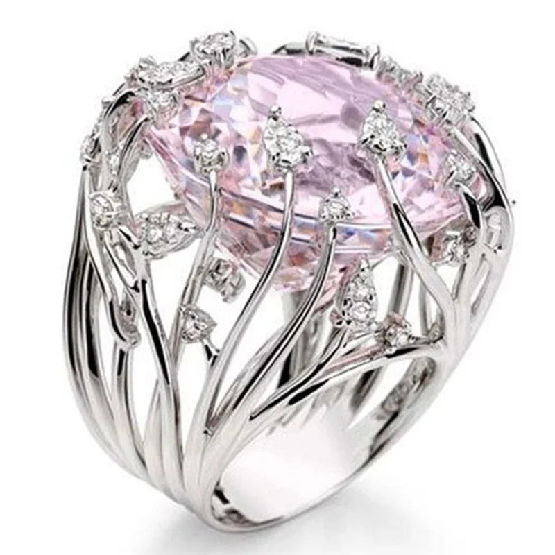 New 925 Sterling Silver Ring with Pink Crystal Zircon | Women’s Wedding Jewelry Gift