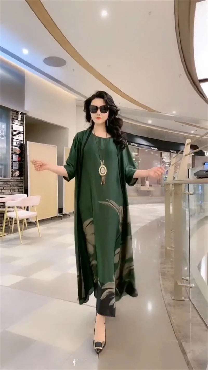 Middle-Aged Women’s Summer Dress Suit – Casual Two-Piece Printed Long Dress Set | Elegant Temperament Outfit