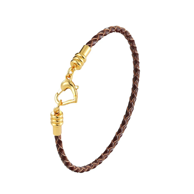 Fashion Women’s Gold-Plated Love Bracelet | Leather Chain with Stainless Steel Clasp, Fits Pandora Beads