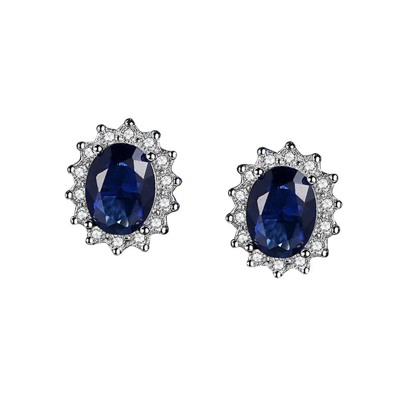 925 Sterling Silver Oval Sapphire Zircon Gemstone Stud Earrings for Women