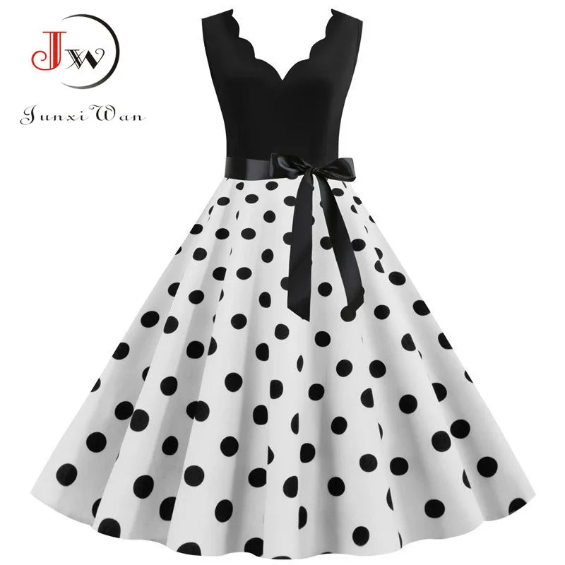 Women Retro 50s 60s Polka Dot Dress – Vintage Sleeveless V-Neck Bow Ball Gown Summer Party Sundress Vestidos