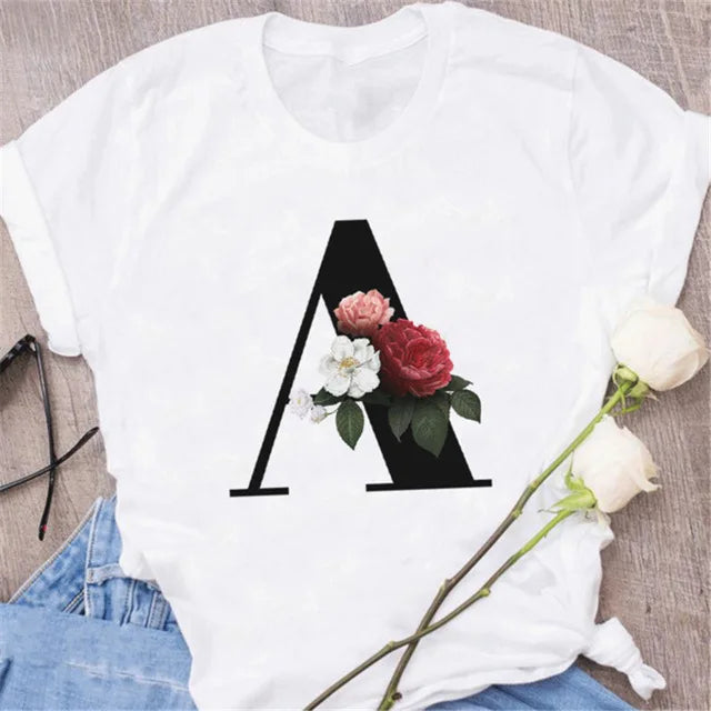 A B C D E English Alphabet T-Shirt | Women’s Harajuku Summer Casual Black Top