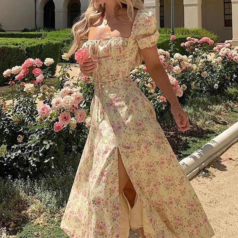 Women Floral Print Split Dress – Sweet Puff Short Sleeve Square Collar Slim Fit Maxi Dress | Summer Holiday A-Line Dress