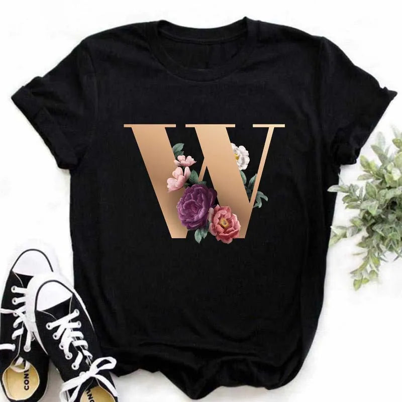A B C D E English Alphabet T-Shirt | Women’s Harajuku Summer Casual Black Top