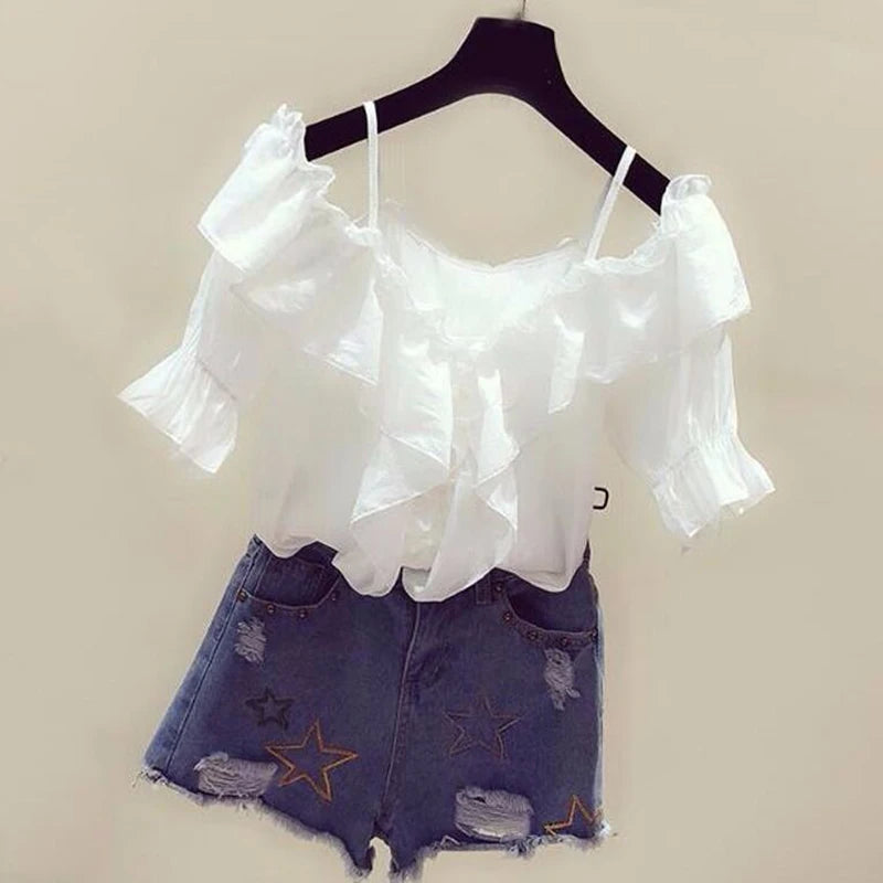 Women’s Ruffle Youth Elegant Chiffon Blouse – Low Cut Summer Fashion Top 👚☀️