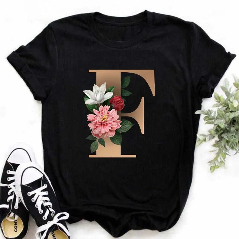 A B C D E English Alphabet T-Shirt | Women’s Harajuku Summer Casual Black Top