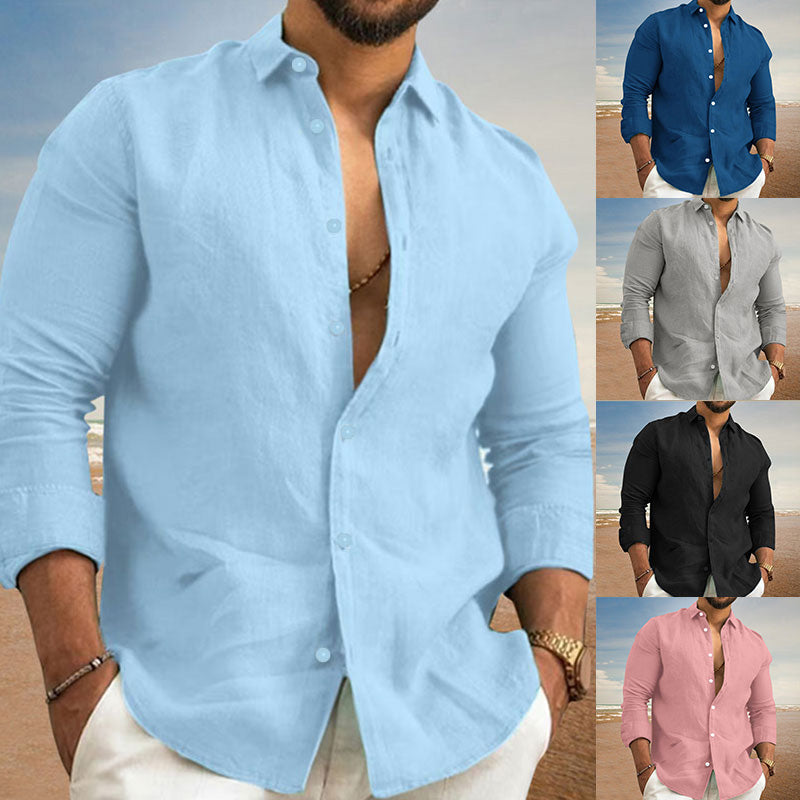 Men’s Linen Casual Shirt | Black & White Button Long Sleeve Beachwear S-3XL