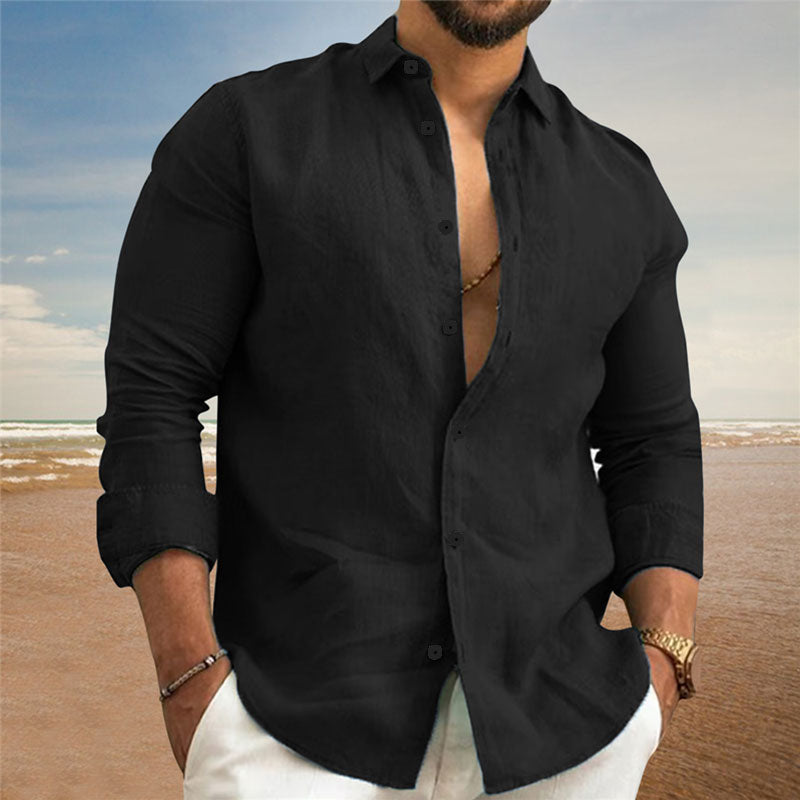 Men’s Linen Casual Shirt | Black & White Button Long Sleeve Beachwear S-3XL