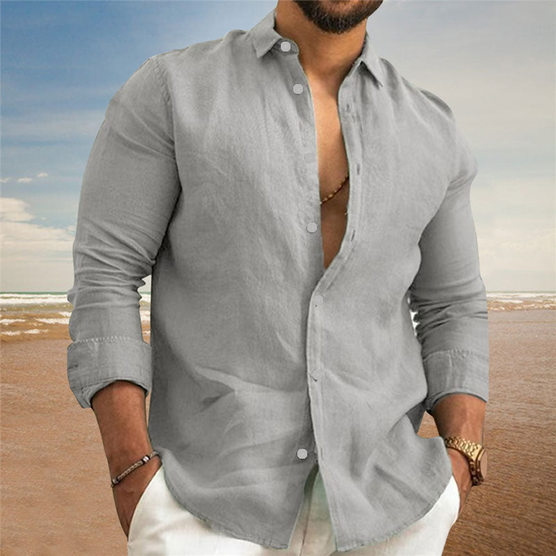 Men’s Linen Casual Shirt | Black & White Button Long Sleeve Beachwear S-3XL