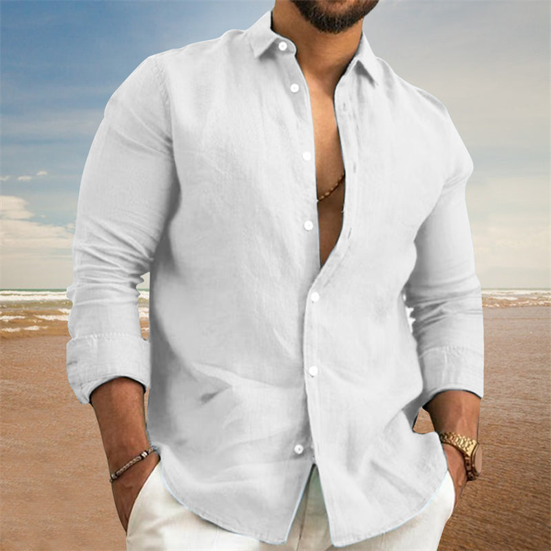 Men’s Linen Casual Shirt | Black & White Button Long Sleeve Beachwear S-3XL