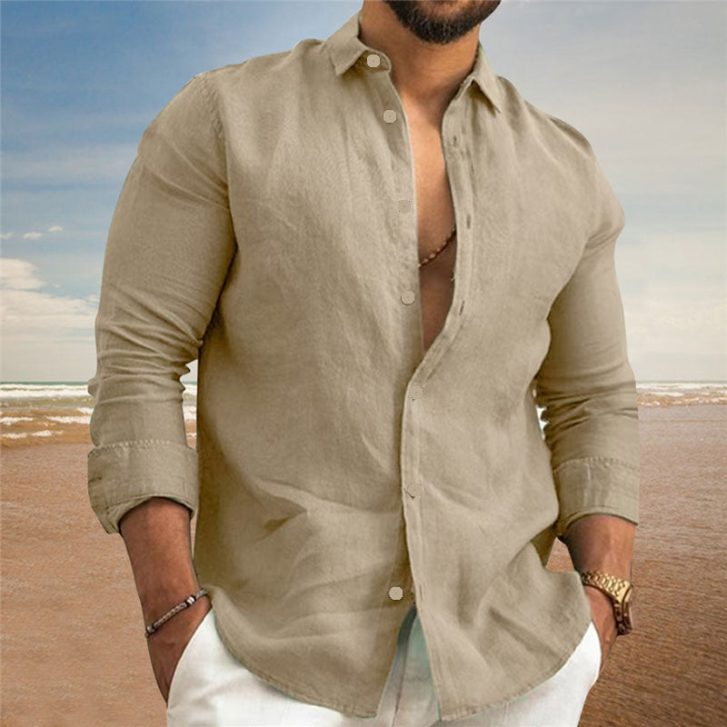 Men’s Linen Casual Shirt | Black & White Button Long Sleeve Beachwear S-3XL